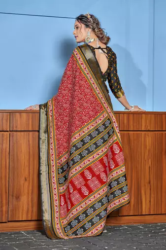 Red cotton ajrakh print saree with contrast blouse piece