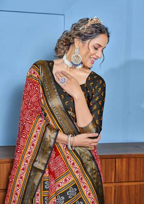 Red cotton ajrakh print saree with contrast blouse piece 3