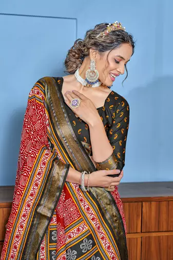 Red cotton ajrakh print saree with contrast blouse piece