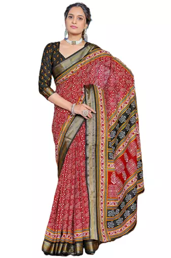 Red cotton ajrakh print saree with contrast blouse piece