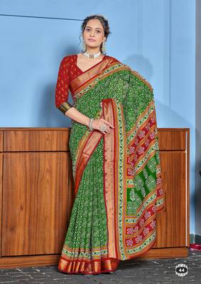 Green cotton ajrakh print saree with contrast blouse piece 1