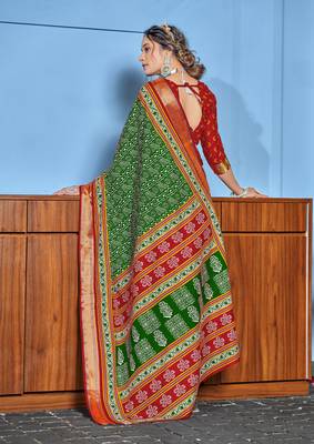 Green cotton ajrakh print saree with contrast blouse piece 2