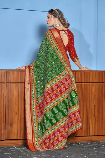 Green cotton ajrakh print saree with contrast blouse piece