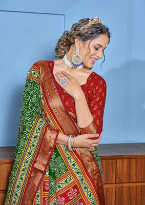 Green cotton ajrakh print saree with contrast blouse piece 3