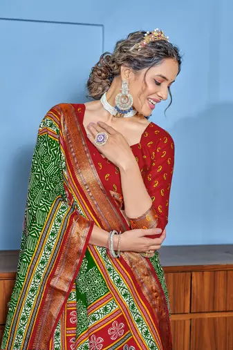 Green cotton ajrakh print saree with contrast blouse piece