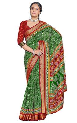 Green cotton ajrakh print saree with contrast blouse piece 4