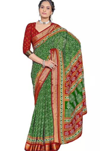 Green cotton ajrakh print saree with contrast blouse piece