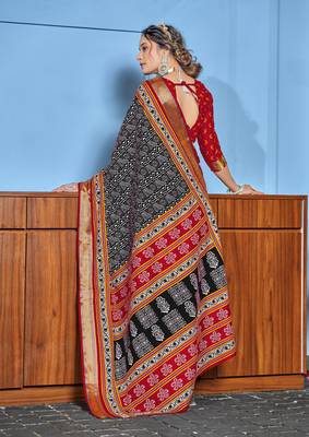 Black cotton ajrakh print saree with contrast blouse piece 2