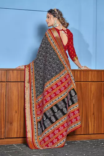 Black cotton ajrakh print saree with contrast blouse piece