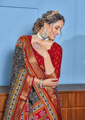 Black cotton ajrakh print saree with contrast blouse piece 3