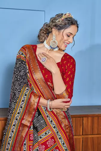 Black cotton ajrakh print saree with contrast blouse piece