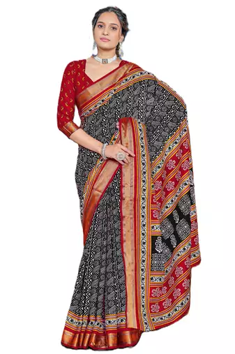 Black cotton ajrakh print saree with contrast blouse piece