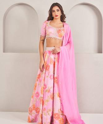 Lavender Floral Printed Embellished Organza Lehenga Set 1