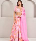 Lavender Floral Printed Embellished Organza Lehenga Set