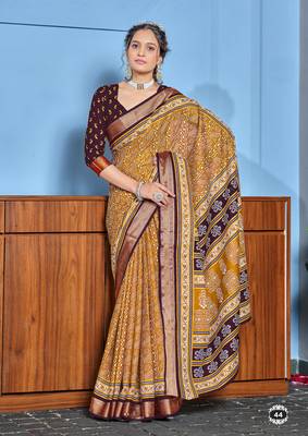 Mustard cotton ajrakh print saree with contrast blouse piece 1