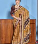 Mustard cotton ajrakh print saree with contrast blouse piece