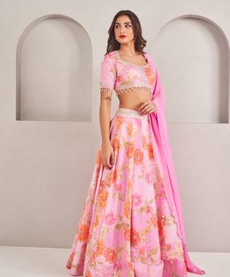 Lavender Floral Printed Embellished Organza Lehenga Set 2