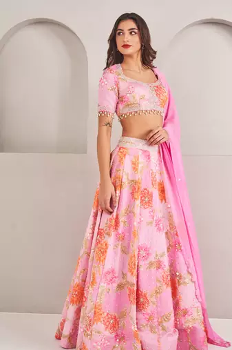 Lavender Floral Printed Embellished Organza Lehenga Set