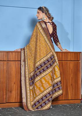 Mustard cotton ajrakh print saree with contrast blouse piece 2