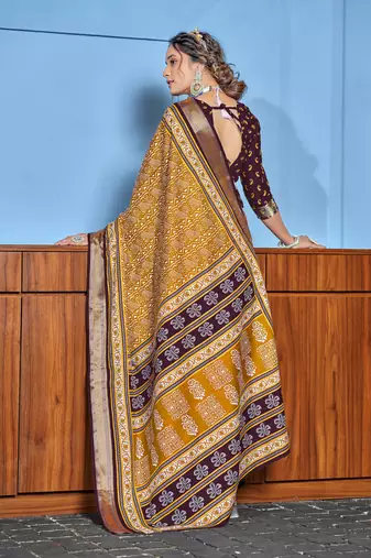 Mustard cotton ajrakh print saree with contrast blouse piece