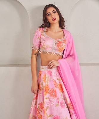 Lavender Floral Printed Embellished Organza Lehenga Set 3