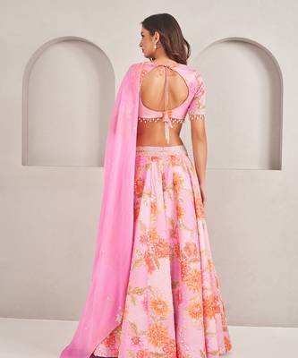 Lavender Floral Printed Embellished Organza Lehenga Set 4