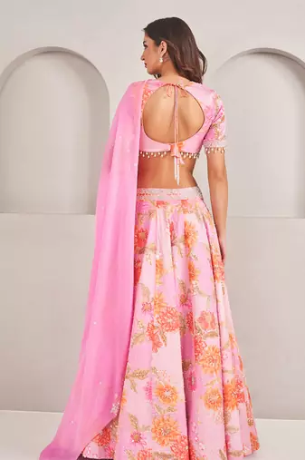 Lavender Floral Printed Embellished Organza Lehenga Set