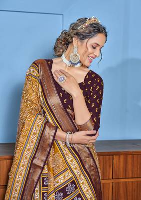 Mustard cotton ajrakh print saree with contrast blouse piece 3