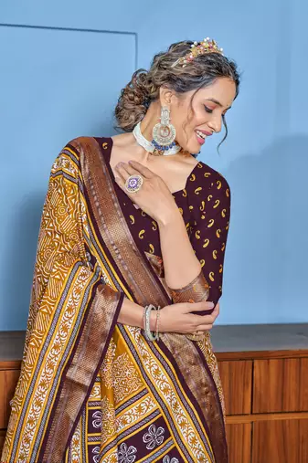 Mustard cotton ajrakh print saree with contrast blouse piece