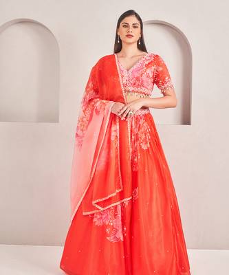 Corel Floral Printed Embellished Organza Lehenga Set 1