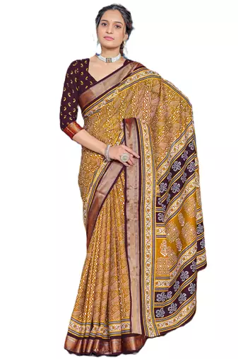 Mustard cotton ajrakh print saree with contrast blouse piece