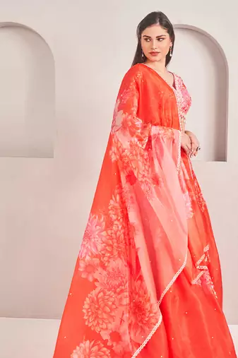 Corel Floral Printed Embellished Organza Lehenga Set
