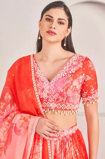 Corel Floral Printed Embellished Organza Lehenga Set