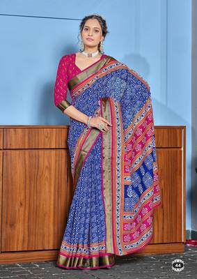 Blue cotton ajrakh print saree with contrast blouse piece 1