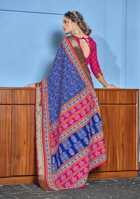 Blue cotton ajrakh print saree with contrast blouse piece 2