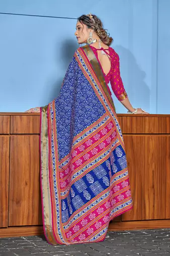 Blue cotton ajrakh print saree with contrast blouse piece