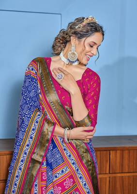 Blue cotton ajrakh print saree with contrast blouse piece 3