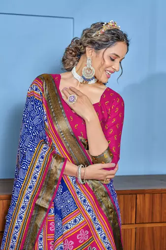 Blue cotton ajrakh print saree with contrast blouse piece
