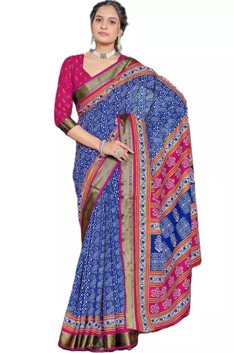 Blue cotton ajrakh print saree with contrast blouse piece