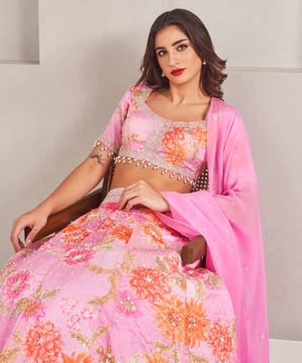 Lavender Floral Printed Embellished Organza Lehenga Set 5