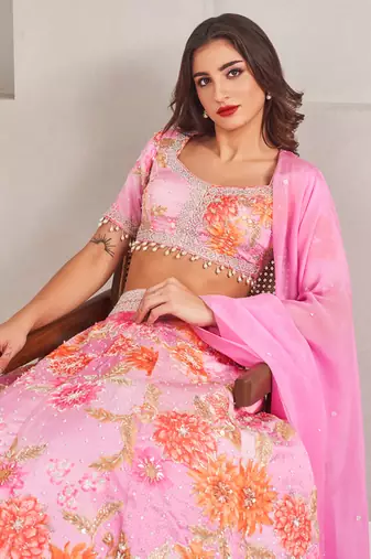 Lavender Floral Printed Embellished Organza Lehenga Set