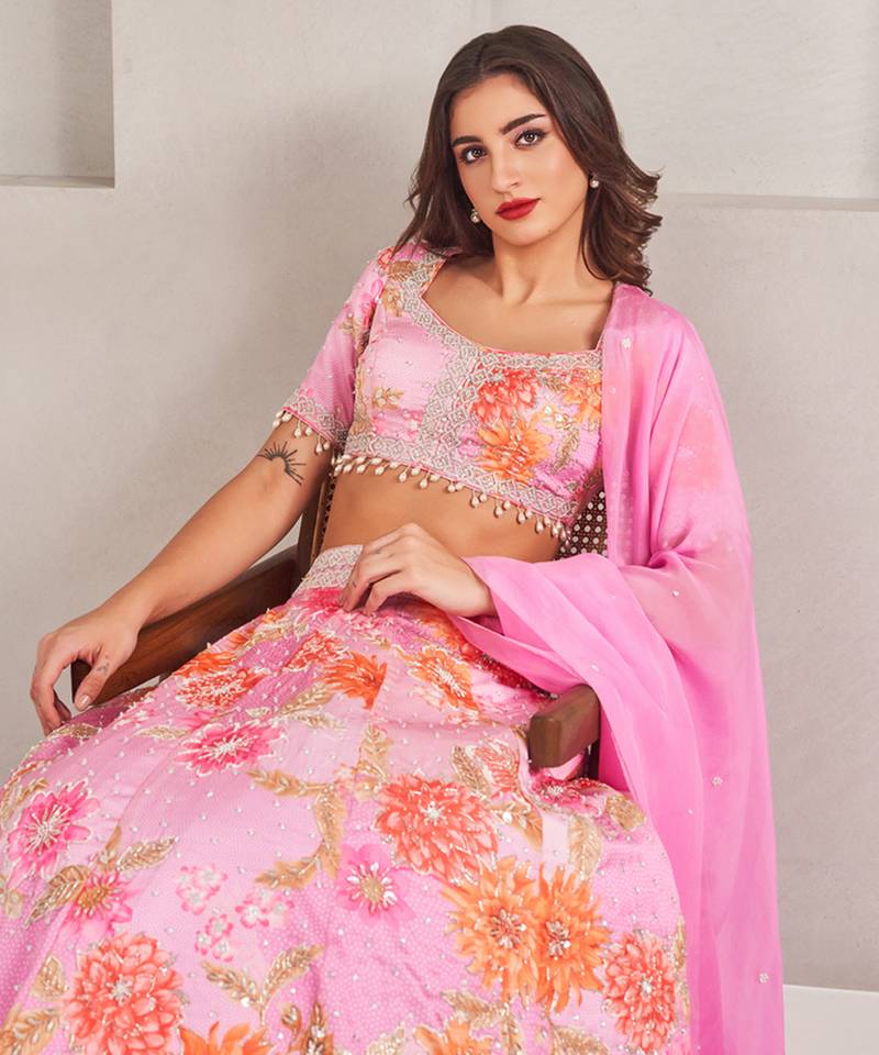 Lavender Floral Printed Embellished Organza Lehenga Set