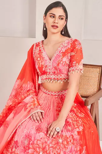 Corel Floral Printed Embellished Organza Lehenga Set