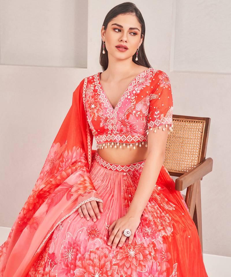 Corel Floral Printed Embellished Organza Lehenga Set