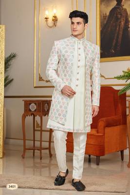 off white 3 piece indo western with computer thread work on art silk and faux satin for mens 1