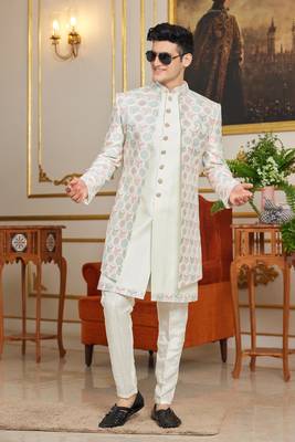 off white 3 piece indo western with computer thread work on art silk and faux satin for mens 2