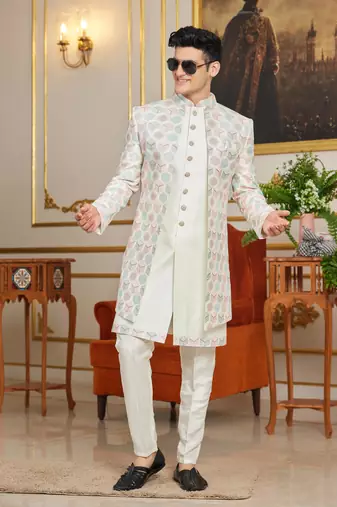 off white 3 piece indo western with computer thread work on art silk and faux satin for mens