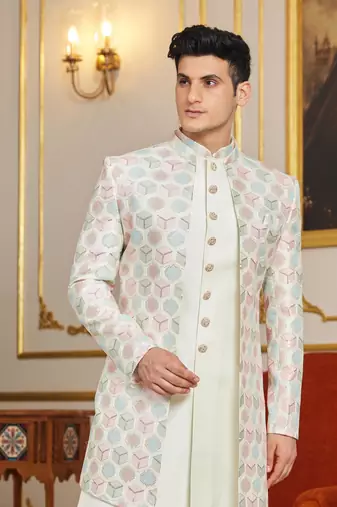 off white 3 piece indo western with computer thread work on art silk and faux satin for mens