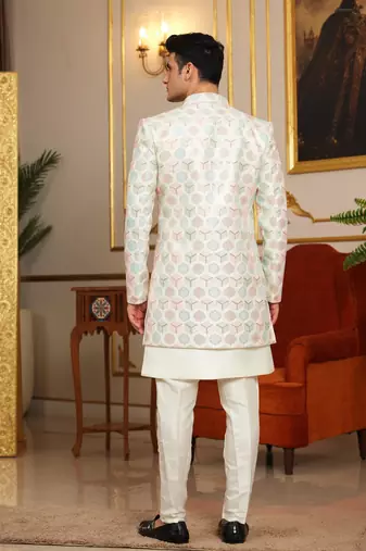 off white 3 piece indo western with computer thread work on art silk and faux satin for mens