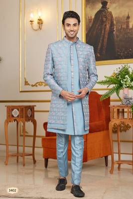 blue 3 piece indo western with computer thread work art silk and faux satin for mens 1